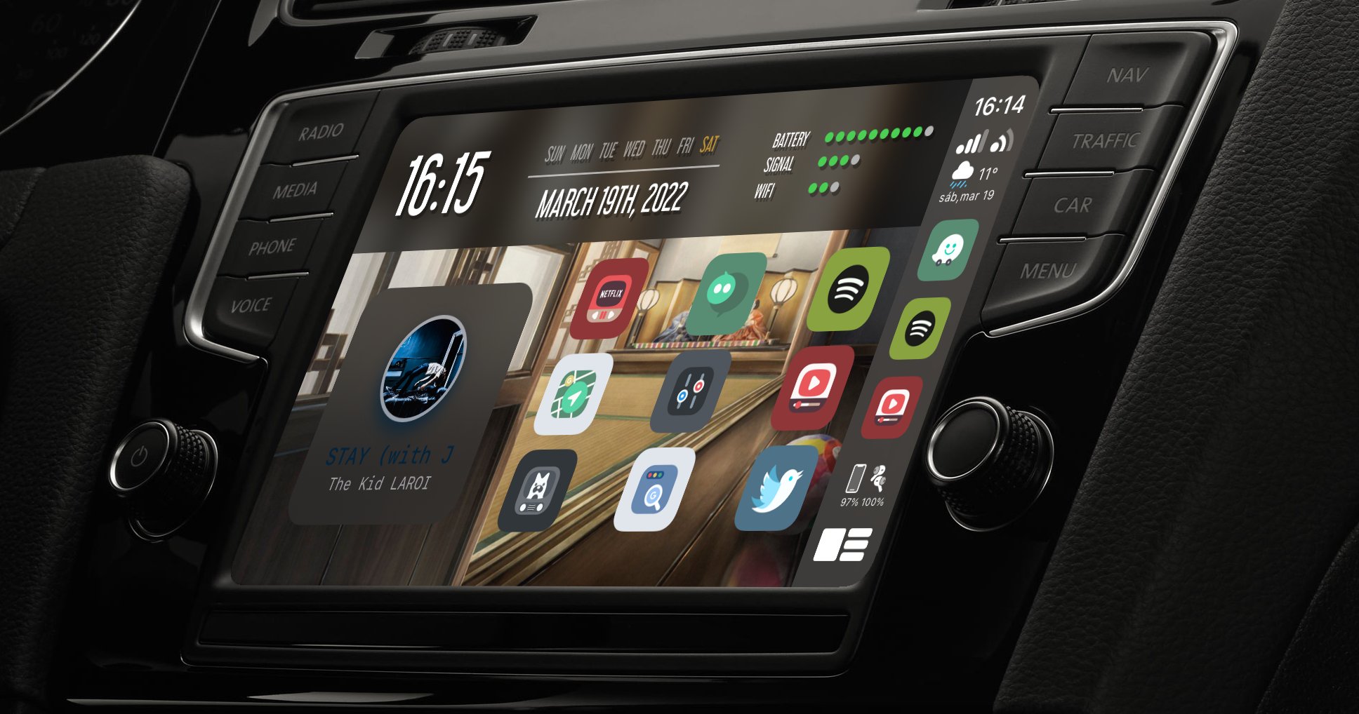 Airaw CarPlay widgets on a production car display